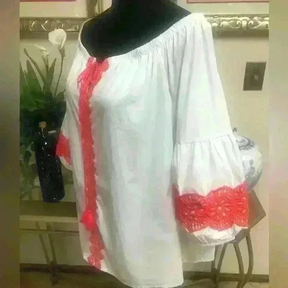 HAYDEN L.A. BOHO WHITE ORANGE EYELET PUFFED SLEEVE SUMMER BLOUSE SZ LARGE NWT - Picture 10 of 10
